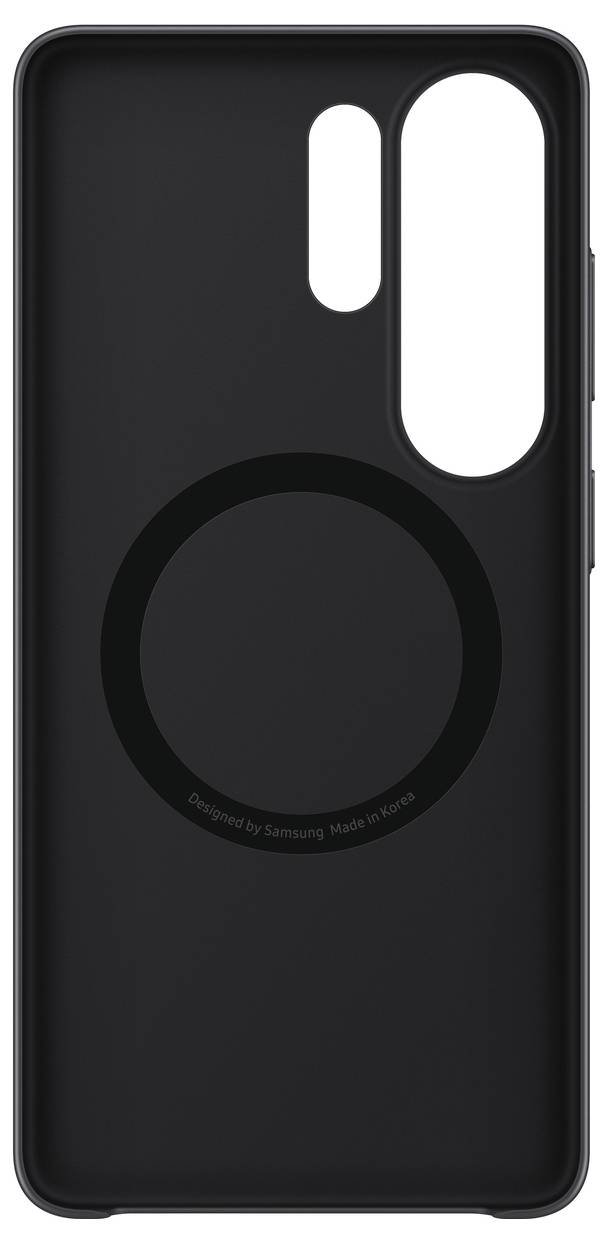 Ein schwarzes Smartphone-Case mit Ausschnitten für die Kamera und Seitentasten, mit einem kreisförmigen Muster in der Mitte.