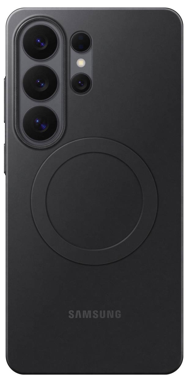 Ein schwarzes Smartphone mit drei rückwärtigen Kameras und einem kreisförmigen Design auf der Rückseite, das das Samsung-Logo unten aufweist.