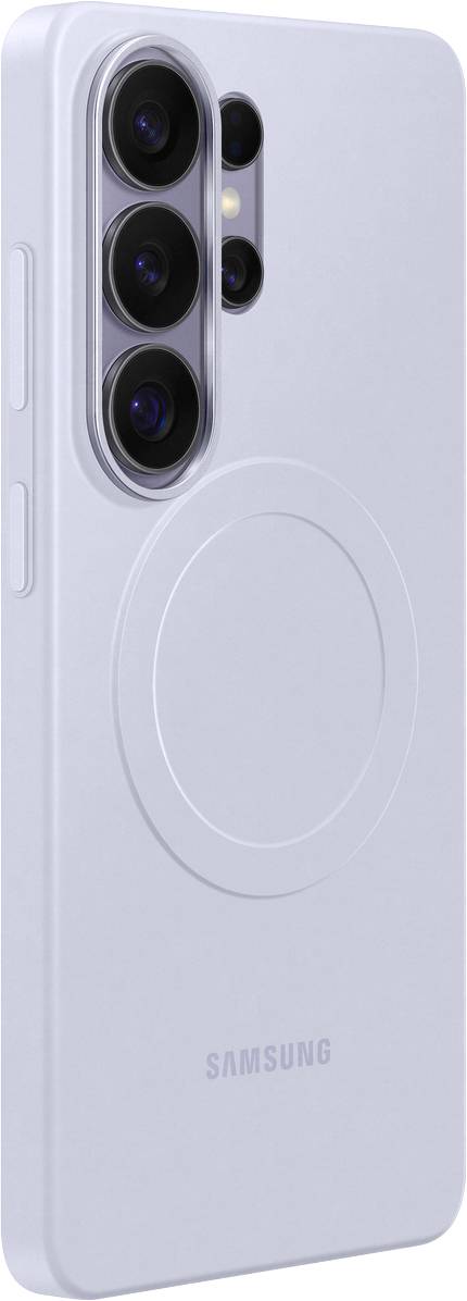 Ein hellgraues Smartphone mit drei rückwärtigen Kameras und einem kreisförmigen Design darunter, mit der Marke 