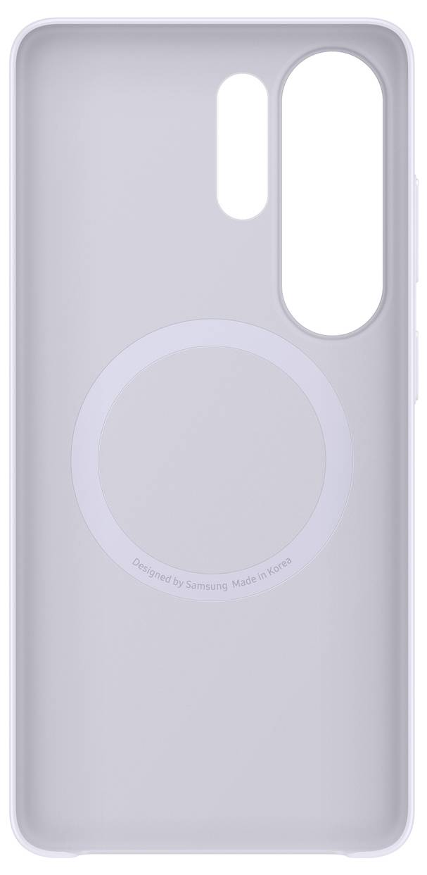 Eine violette Smartphone-Hülle mit einem kreisförmigen Design in der Mitte, mit ausgeschnittenen Bereichen für die rückseitige Doppelkamera und den Blitz. Der Text lautet „Designed by Samsung Made in Korea.