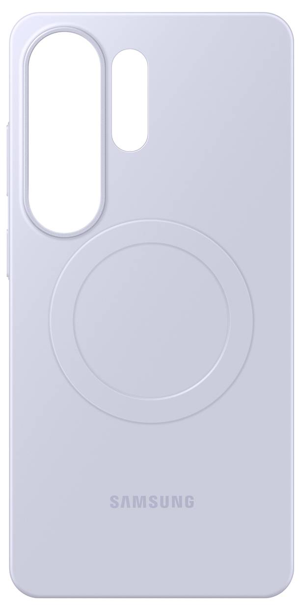 Ein hellgraues Smartphone-Case mit einem kreisförmigen Design in der Mitte und Aussparungen für Kameraobjektive, unten mit der Marke „SAMSUNG