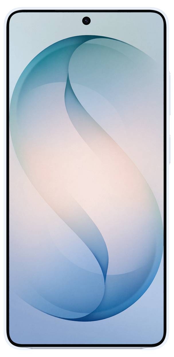 Ein Smartphone mit Vollbilddisplay und einer zentral angebrachten Frontkamera. Der Bildschirm zeigt ein blaues und rosa abstraktes Design.