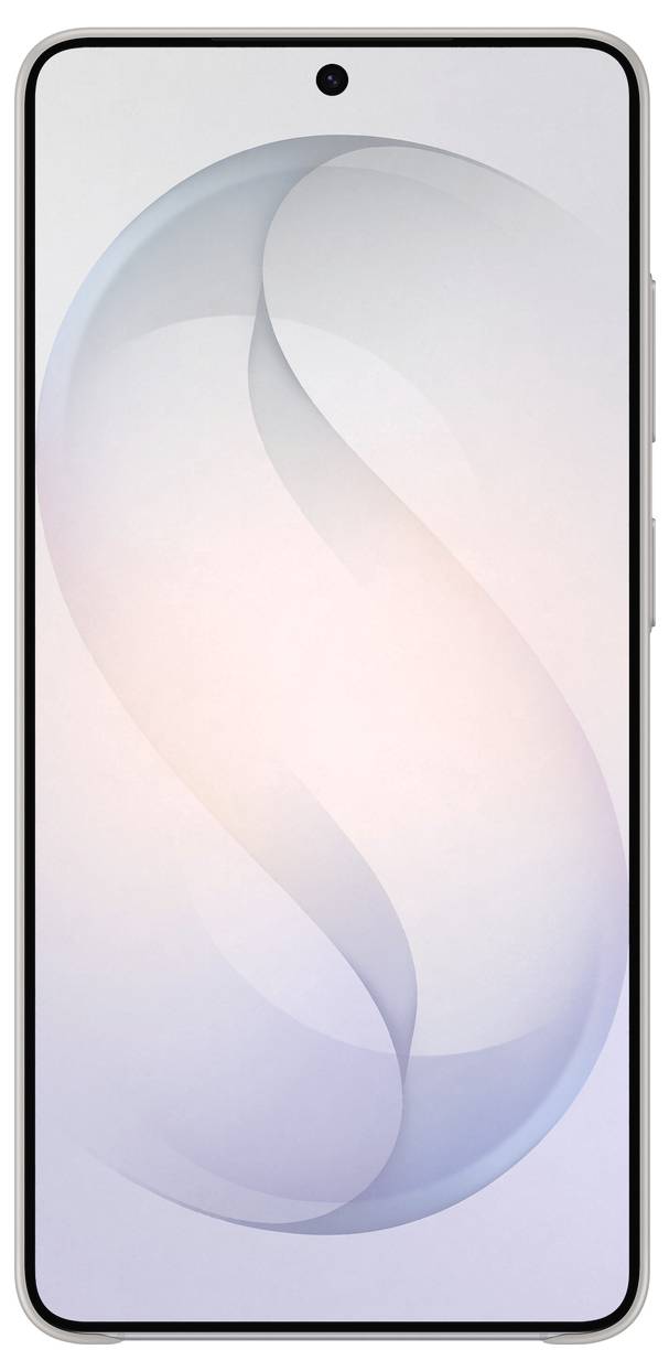 Ein Smartphone mit dünnem Rahmen, zentrierter frontseitiger Kamera und einem subtilen abstrakten Design auf dem Bildschirm, vor weißem Hintergrund.