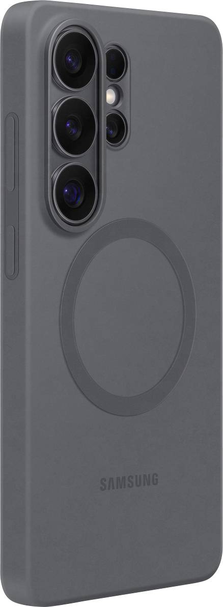 Graue Samsung-Handyhülle, die auf einem Telefon dargestellt ist und ein Ringdesign aufweist, das Unterstützung für kabelloses Laden anzeigt, mit Kameraausschnitten auf der Rückseite.