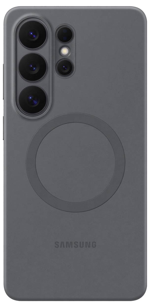 Eine schlanke Handyhülle mit Kameraausschnitten und kreisförmigem Design, mit dem Samsung-Logo.