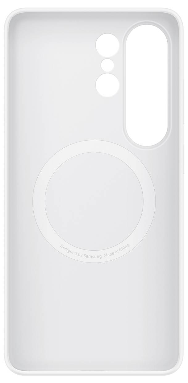 Ein weißes, halbtransparentes Smartphone-Case mit kreisförmigen Aussparungen, konzipiert für spezifische Kamera- und Sensorplatzierungen, zeigt das Innendesign.