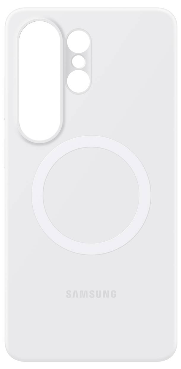 Weiße Samsung-Handyhülle mit großem Kameraausschnitt und kreisförmigem Ausrichtungsleitlinien-Design auf der Rückseite.