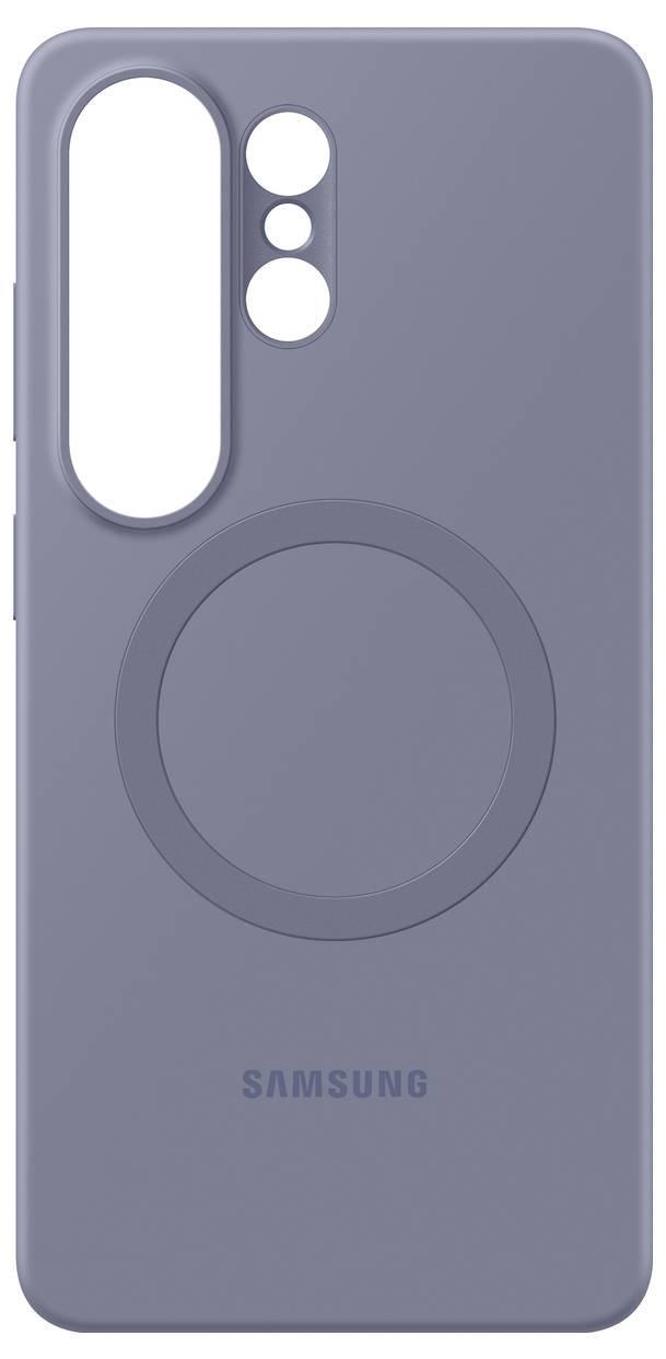 Eine graue Samsung-Handyhülle mit zwei kreisförmigen Öffnungen oben für Kameras und einem kreisförmigen Abdruck in der Mitte.