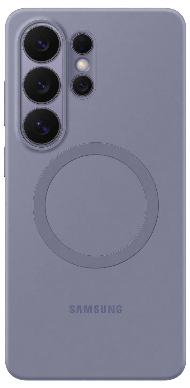 Ein Samsung-Smartphone mit drei rückwärtigen Kameras und einem kreisförmigen Design auf der Rückseite, vor einem einfachen Hintergrund.