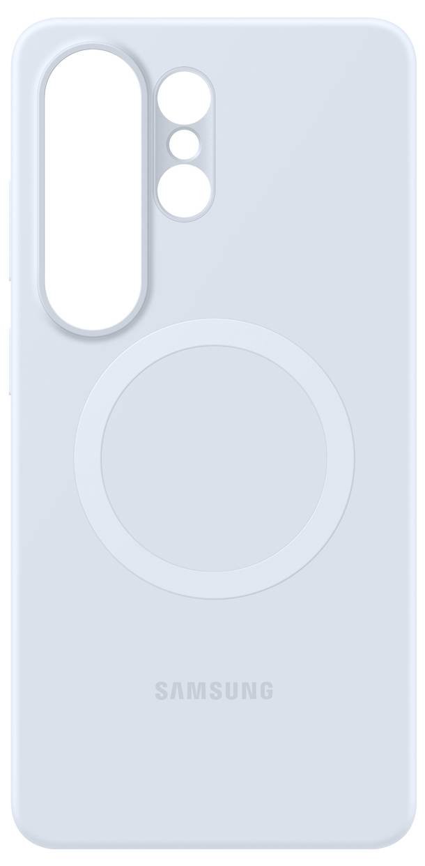 Eine hellblaue Samsung-Handyhülle mit einer leeren ovalen Kameraaussparung und einem kreisförmigen MagSafe-Design in der Mitte.