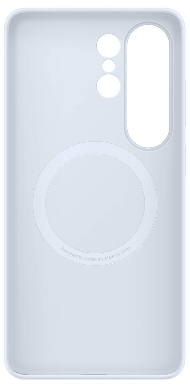 Ein hellblaues Smartphone-Case mit Aussparungen für Kameras und einem kreisförmigen Design auf der Rückseite, das einen schlanken und minimalistischen Stil anzeigt.