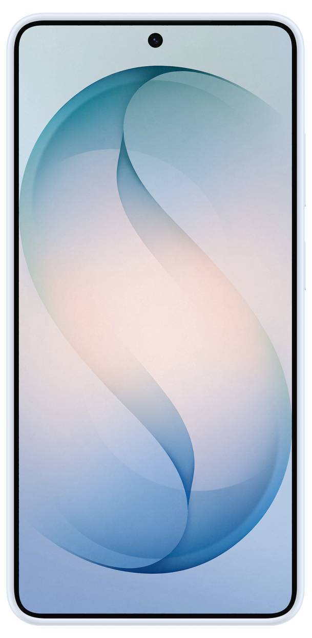 Ein Smartphone mit drei rückwärtigen Kameras wird vertikal gegen einen minimalistischen Hintergrund dargestellt. Das Telefon hat eine transparente Hülle.