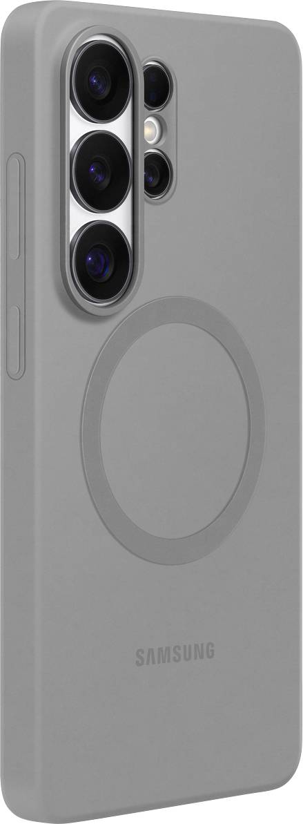 Ein grauer Samsung-Handyhülle mit integriertem kreisförmigem Magnetdesign zur Befestigung, mit Aussparung für die rückseitige Kamera.