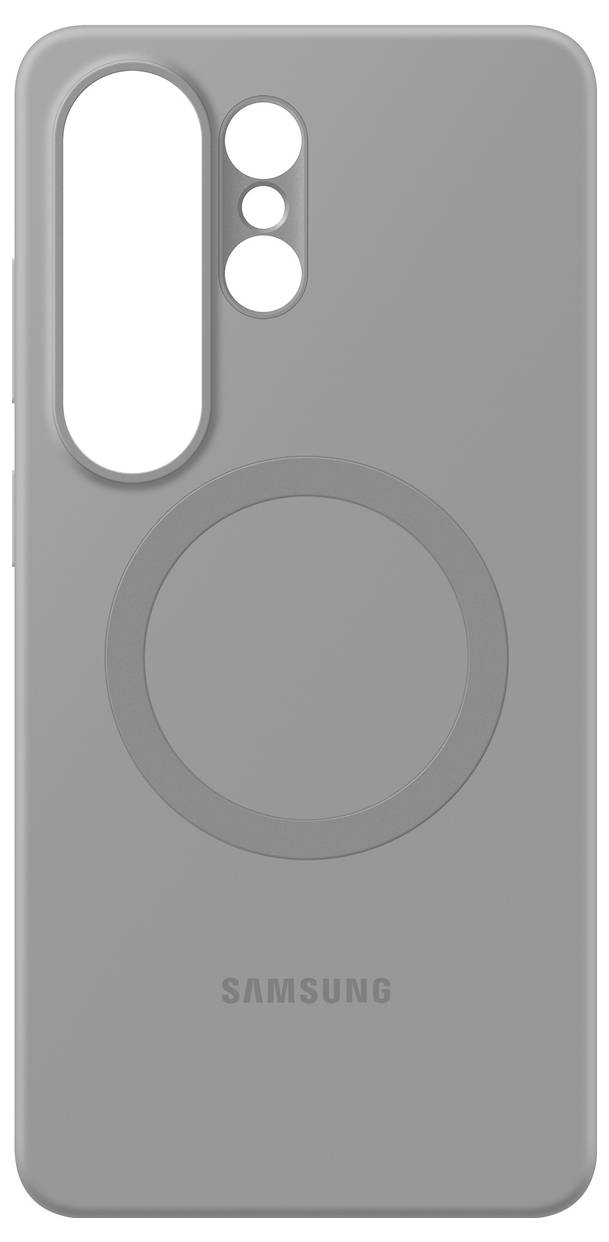 Eine graue Samsung-Handyhülle mit einem kreisförmigen MagSafe-ähnlichen Befestigungsbereich auf der Rückseite für verbesserte Zubehörkompatibilität.