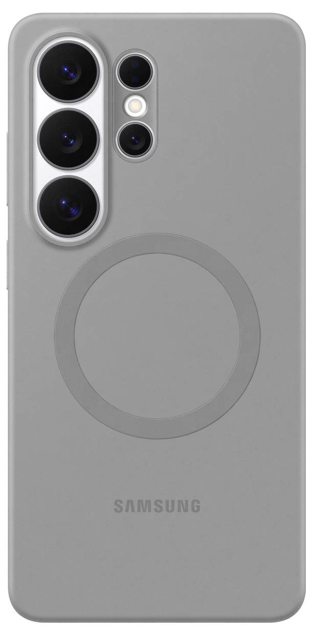 Graues Samsung-Smartphone-Schutzhülle mit drei Kameraausschnitten und erhöhtem kreisförmigem Design in der Mitte, von hinten betrachtet.