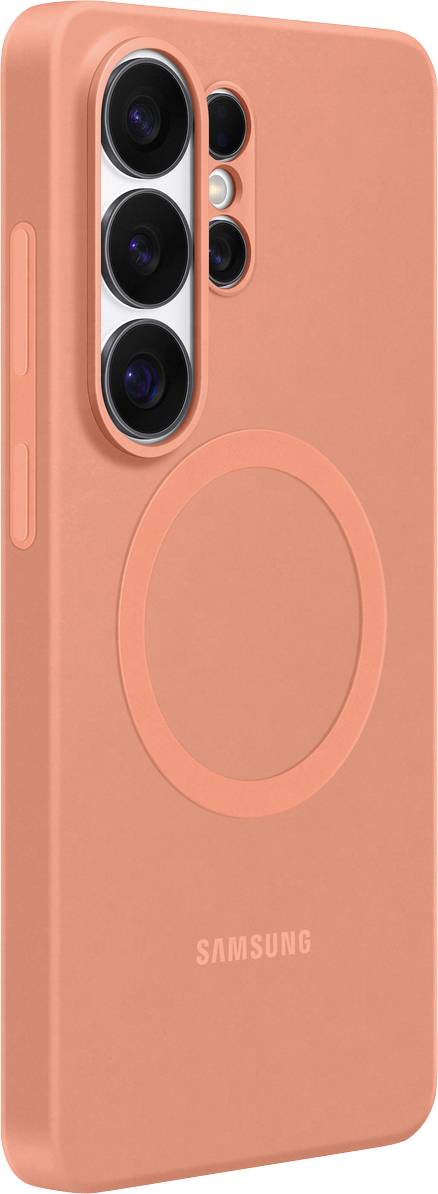 Ein orangefarbenes Samsung-Smartphone-Case mit einem kreisförmigen MagSafe-Ring-Design auf der Rückseite, das die Kamera- und Tastenausschnitte zeigt.