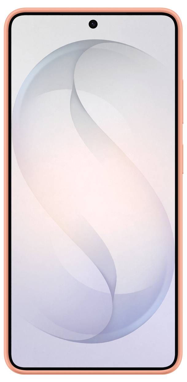 Smartphone mit einer dünnen orangefarbenen Blende und einem Gradient-Swirl-Hintergrundbild auf dem Bildschirm. Die Frontkamera ist oben in der Mitte positioniert.