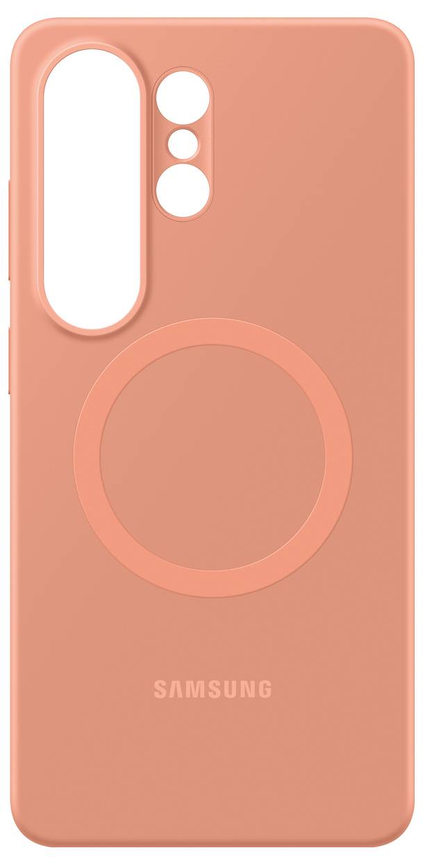 Ein pfirsichfarbenes Samsung-Handyhüllen-Design mit Linsenschnitten und einem kreisförmigen Griff-Design.