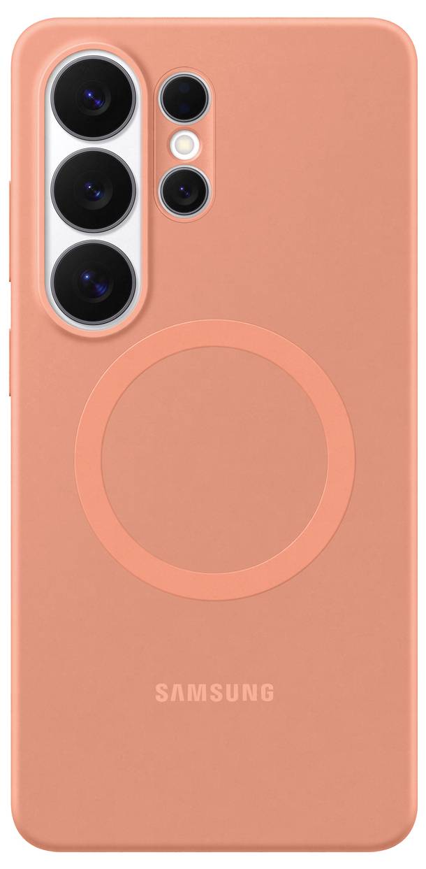 Eine orangefarbene Samsung-Smartphone-Hülle mit kreisförmigem Design und einer Kameraaussparung für drei Objektive und einen Blitz.