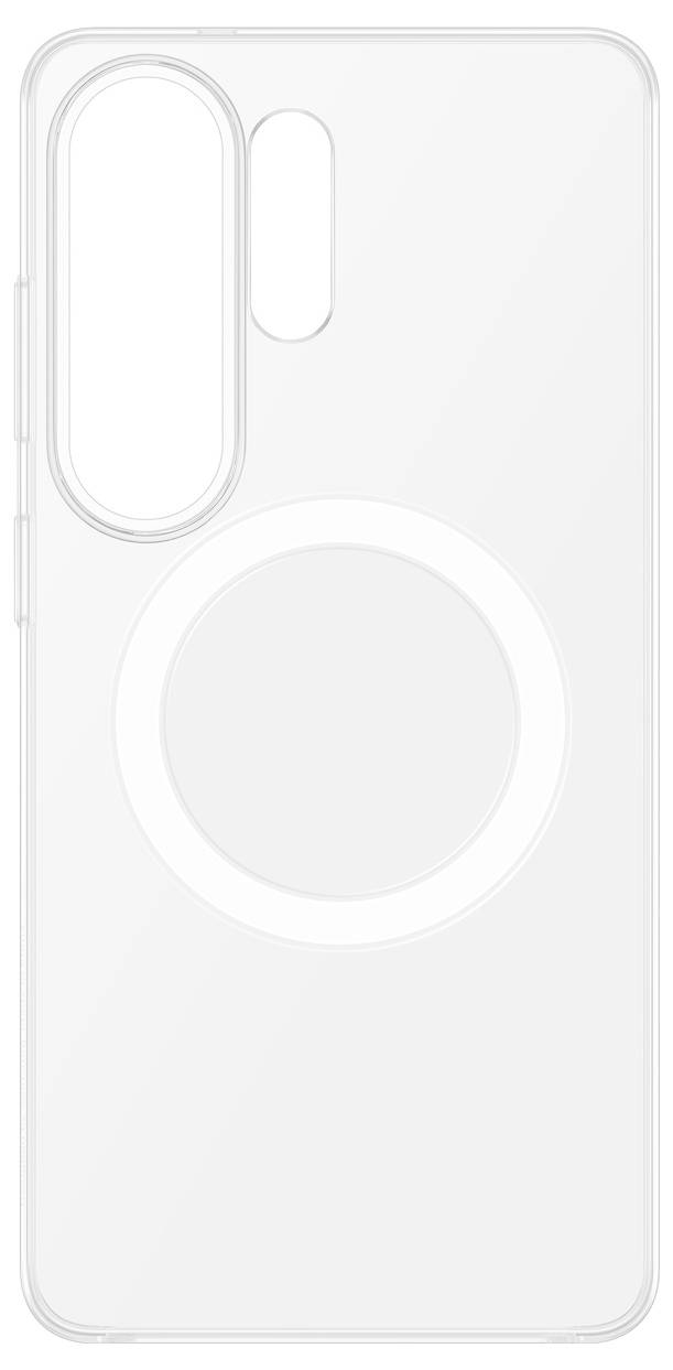 Transparente Handyhülle mit vertikalem Kameraausschnitt und kreisförmigem Design in der Mitte, kompatibel mit magnetischen Zubehörteilen.