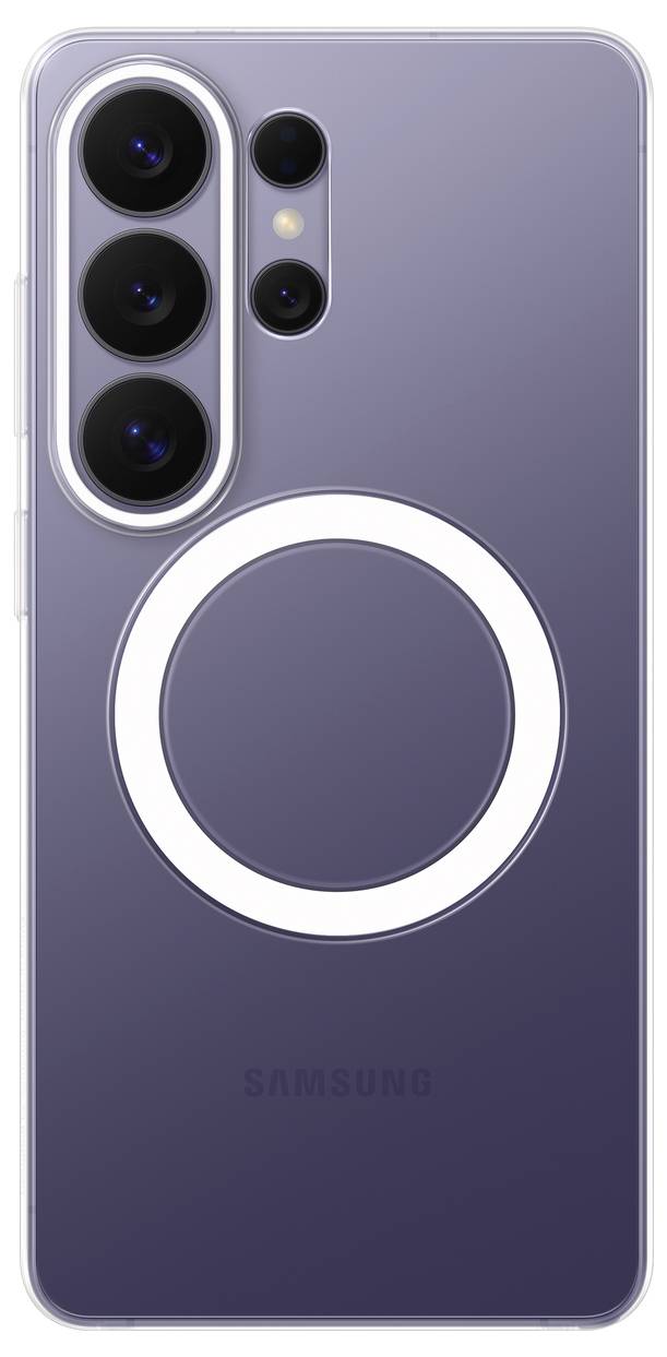 Ein elegantes Smartphone mit einer Dreifach-Linsen-Kamera und einer kreisförmigen Zubehörbefestigung auf der Rückseite, mit modernem, minimalistische Design.