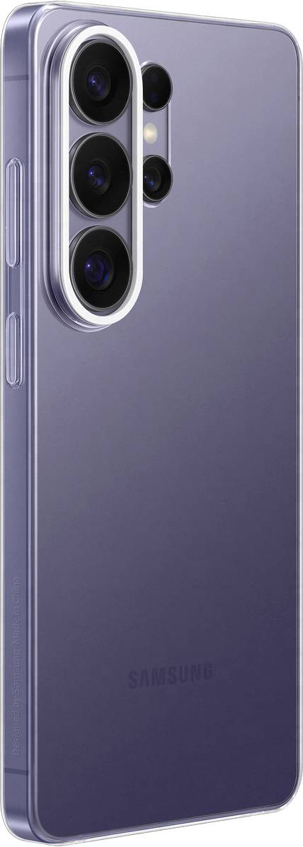 Ein elegantes Smartphone mit reflektierendem violetten Rücken und drei vertikal angeordneten Rückfahrtkameras, das modernes Design und Technologie zur Schau stellt.