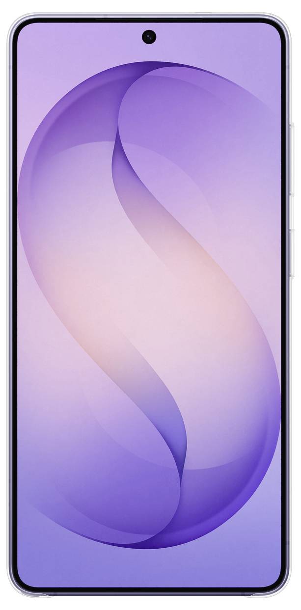 Elegantes Smartphone mit geschwungenem Kantenbildschirm und gradientem violett- und rosafarbenem Hintergrund. Frontkamera-Kerbe zentriert oben.