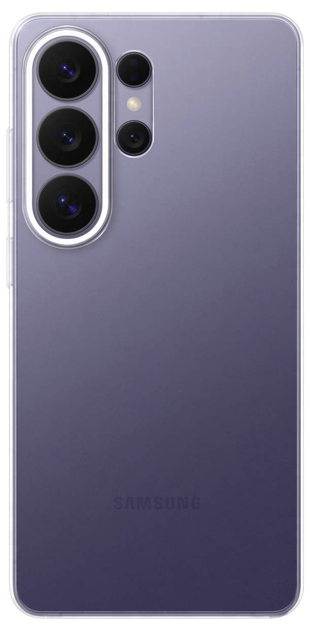 Rückansicht eines lila Smartphones mit einem dreifachen Kamera-Setup mit Blitz, vertikal auf der linken Seite positioniert.