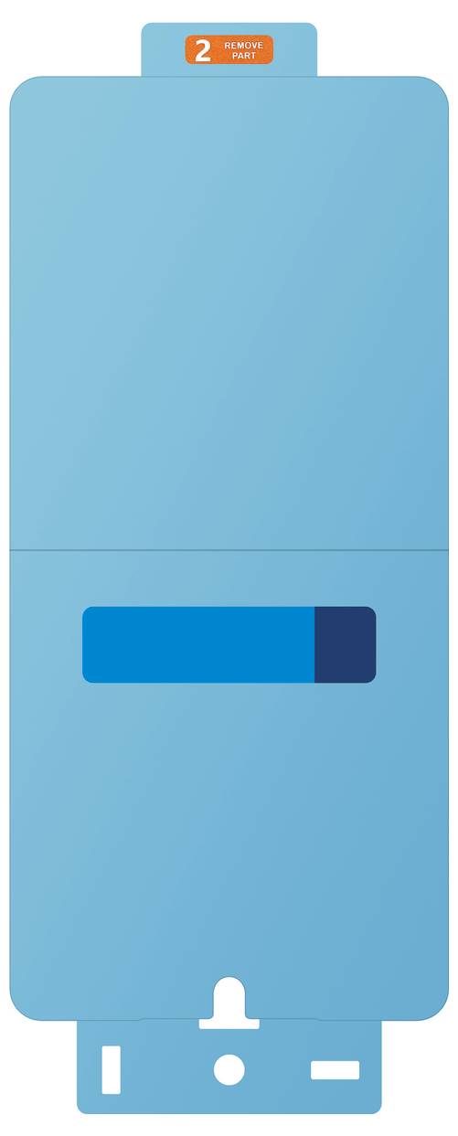 Blauer Verkaufsautomat mit orangenem Etikett 