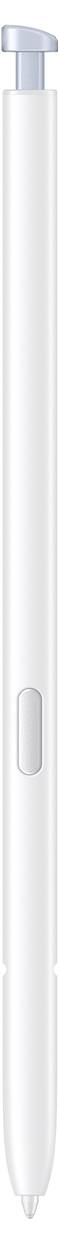 Ein schlanker, weißer zylindrischer Stift mit einer metallischen Klammer und einem Knopf nahe dem oberen Ende.