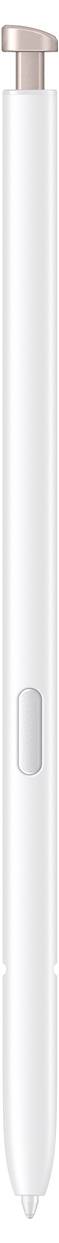 Ein eleganter, weißer Stift mit einer metallischen Spitze und einem Knopf nahe der Oberseite, konzipiert für digitale Geräte.