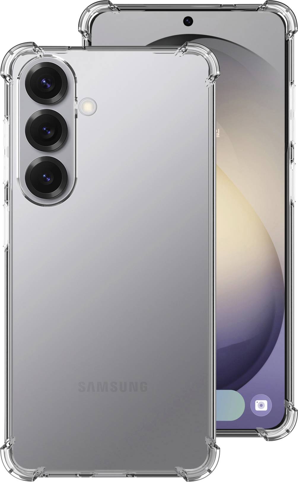 Ein Smartphone in einer durchsichtigen Schutzhülle, das die Rückseite mit Dreifach-Kameras und die Vorderseite mit beleuchtetem Bildschirm zeigt, auf dem Home-Symbole angezeigt werden.