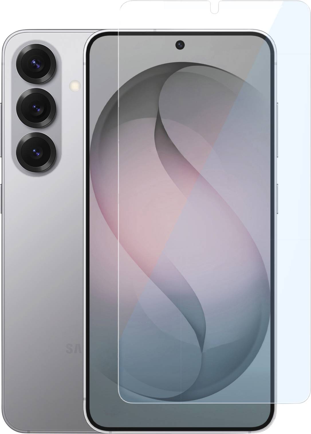 Ein Smartphone mit drei rückseitigen Kameras und einem rechteckigen Schutzbildschirmschutz, das ein modernes Design mit einer eleganten, silbernen Oberfläche präsentiert.