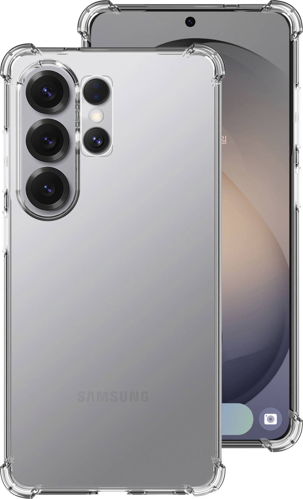 Zwei Smartphones in transparenten Schutzhüllen, eine Vorderansicht mit Bildschirmanzeige und eine Rückansicht, die das Triple-Kamera-Setup hervorhebt.