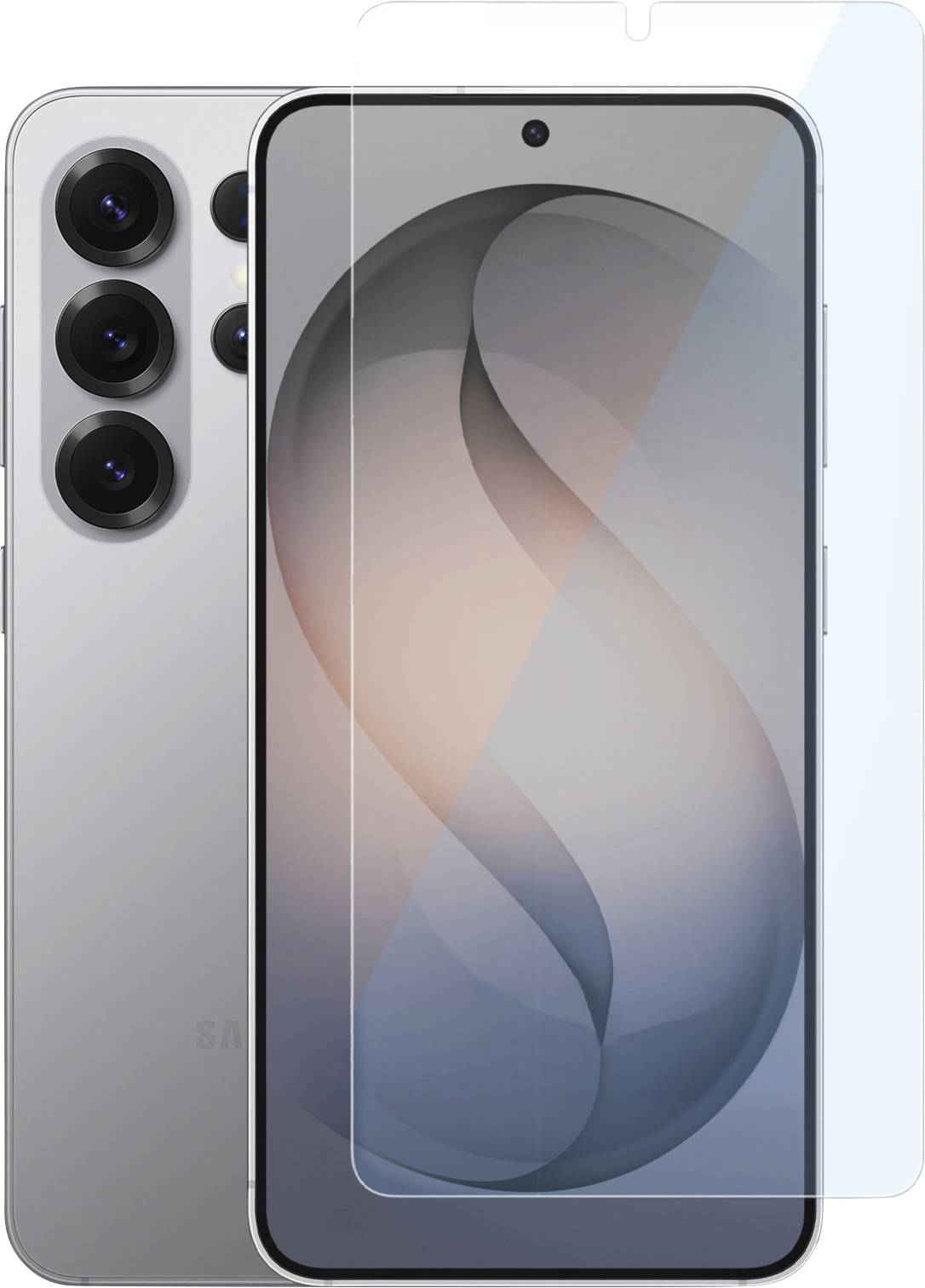 Smartphone mit Quad-Kamera auf der Rückseite, grau gefärbt, zusammen mit einem Displayschutz. Das Display zeigt ein subtiles abstraktes Design.