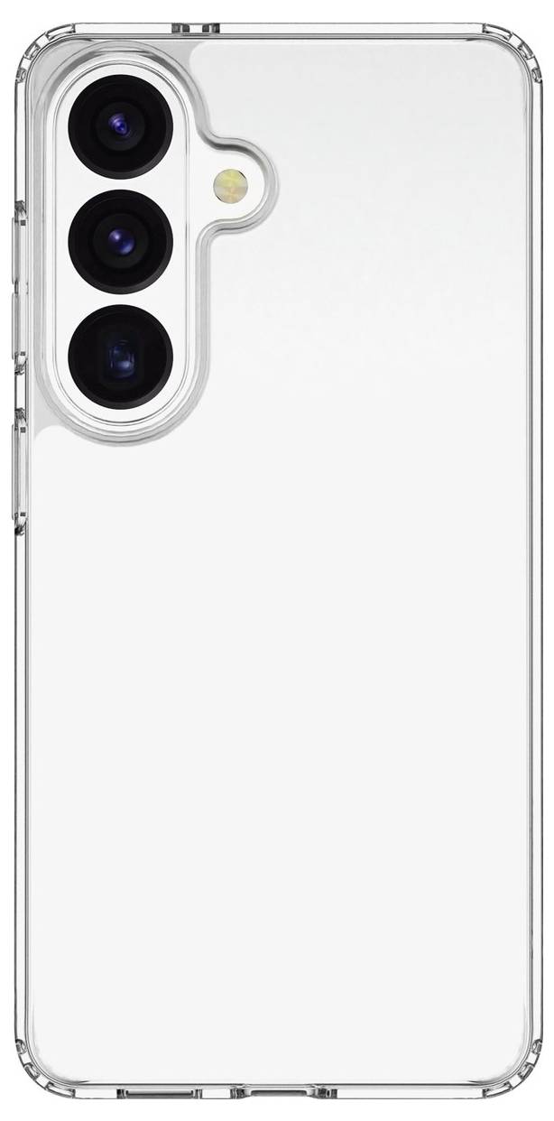 Transparente Smartphone-Rückseite mit drei Kameraobjektiven und einem Blitz in vertikalem Layout auf weißem Hintergrund.