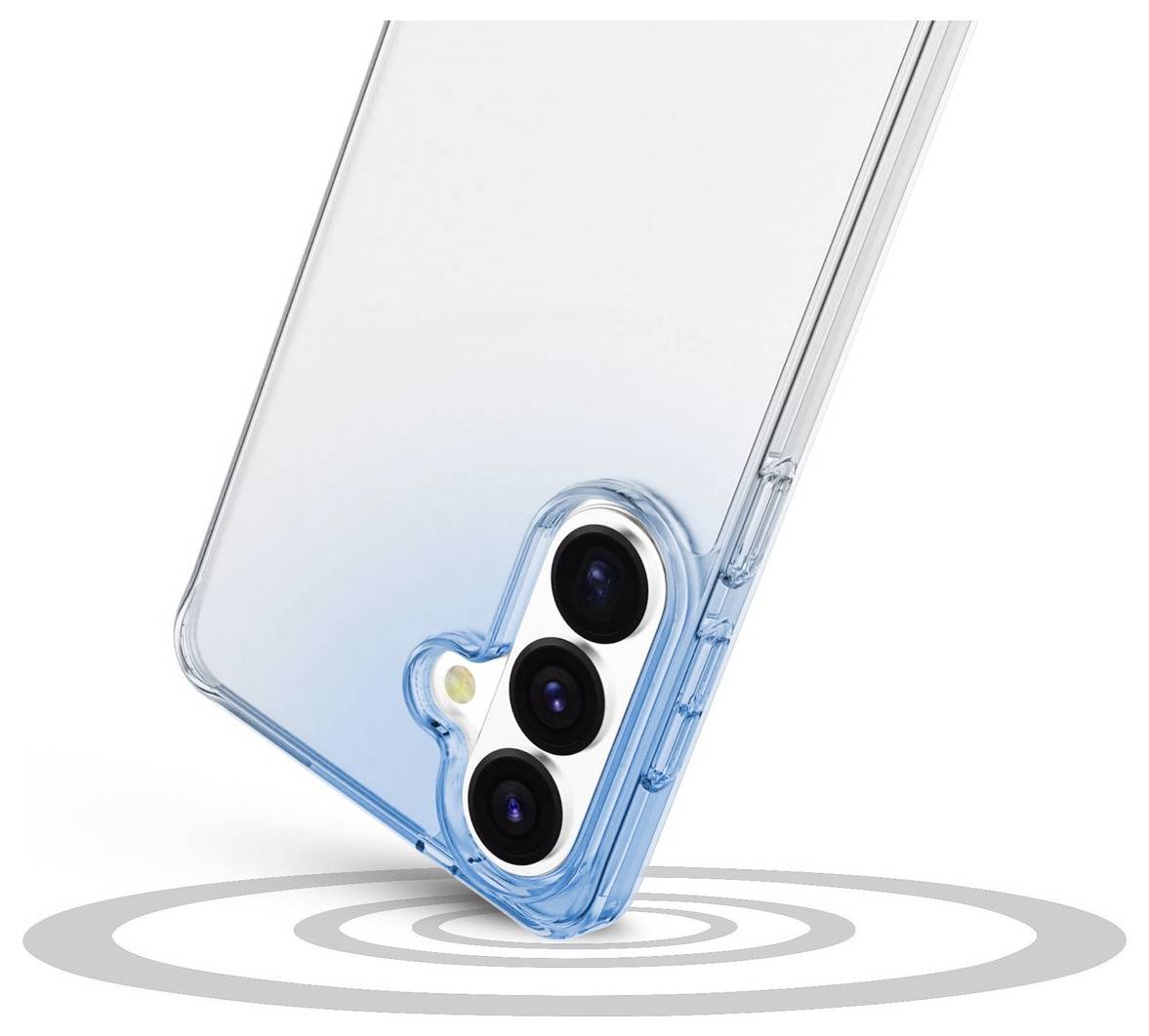 Ein transparantes Handyhülle mit blauem Farbton wird auf einem Smartphone gezeigt und verfügt über drei rückwärtige Kameras und einen kreisförmigen Bewegungswelleneffekt darunter.