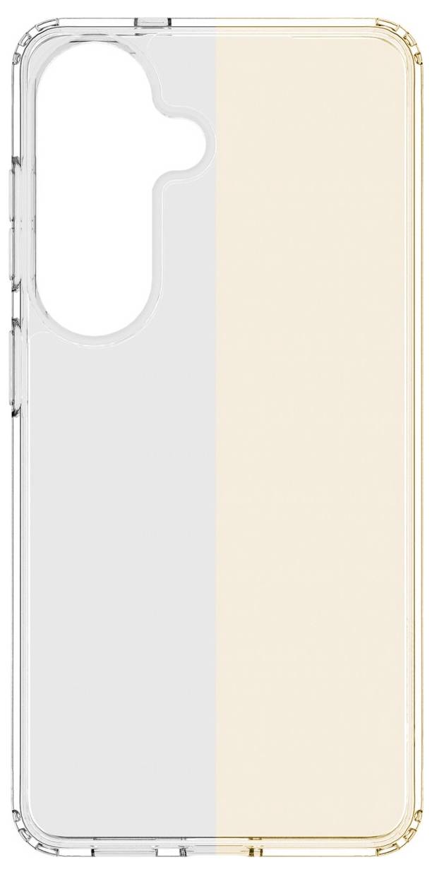 Ein durchsichtiges Smartphone-Etui, das Vorder- und Rückseite zeigt, mit Ausschnitten für Kamera und Tasten.