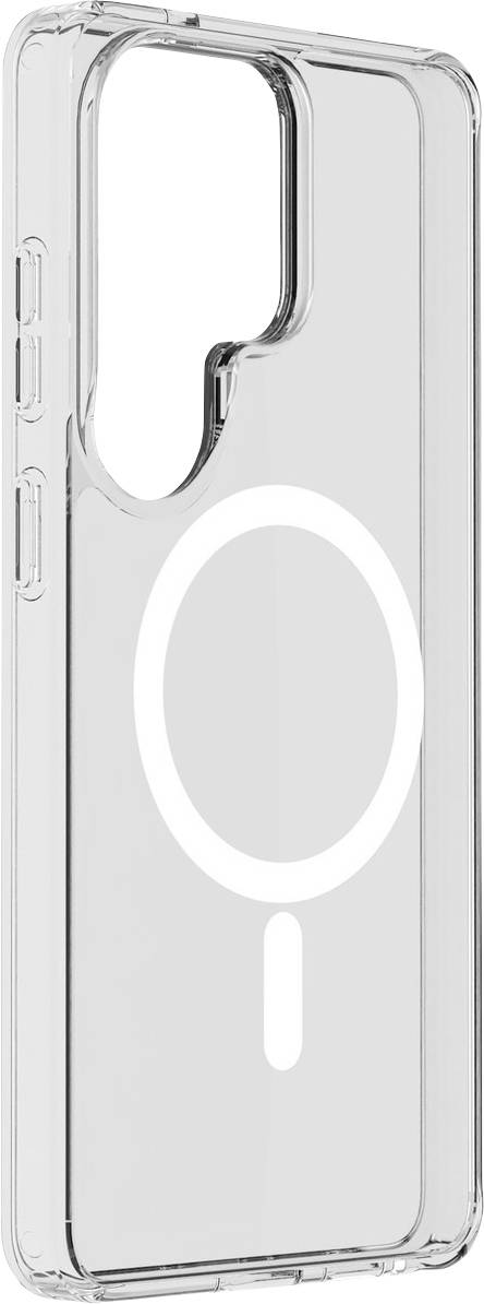 Transparente Smartphone-Hülle mit weißem kreisförmigem und vertikalem Liniendesign, das MagSafe-Kompatibilität anzeigt, vor einem einfachen Hintergrund.