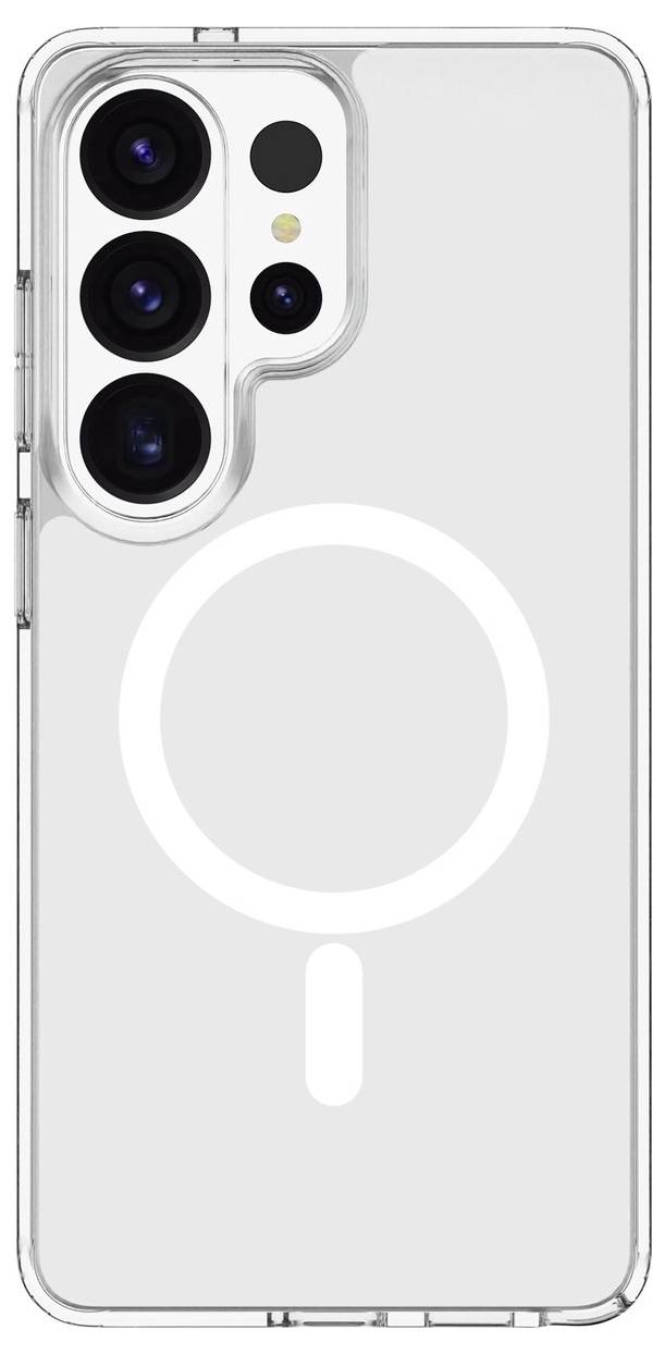 Eine durchsichtige Handyhülle mit kreisförmiger magnetischer Kontur, kompatibel mit kabellosen Laden, angebracht auf einem Smartphone mit drei rückwärtigen Kameras.