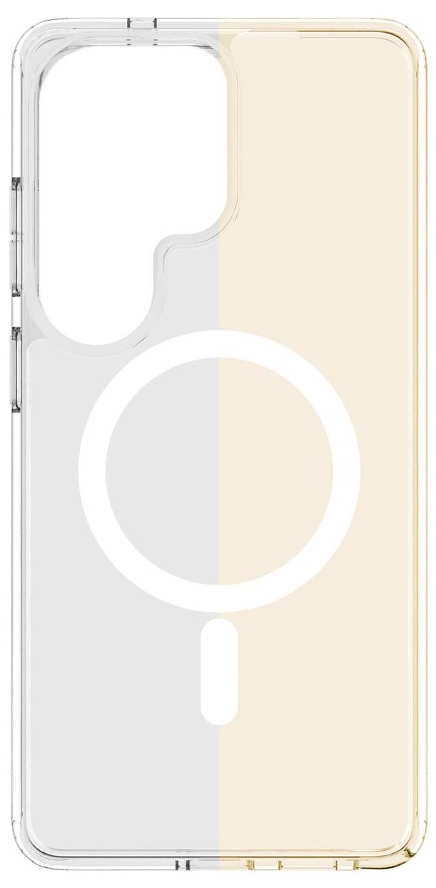 Ein durchsichtiges Handygehäuse mit Magsafe-Ring-Design, das eine zweifarbige Kombination aus transparentem Grau und zartem Pfirsich bietet und für iPhone-Modelle geeignet ist.