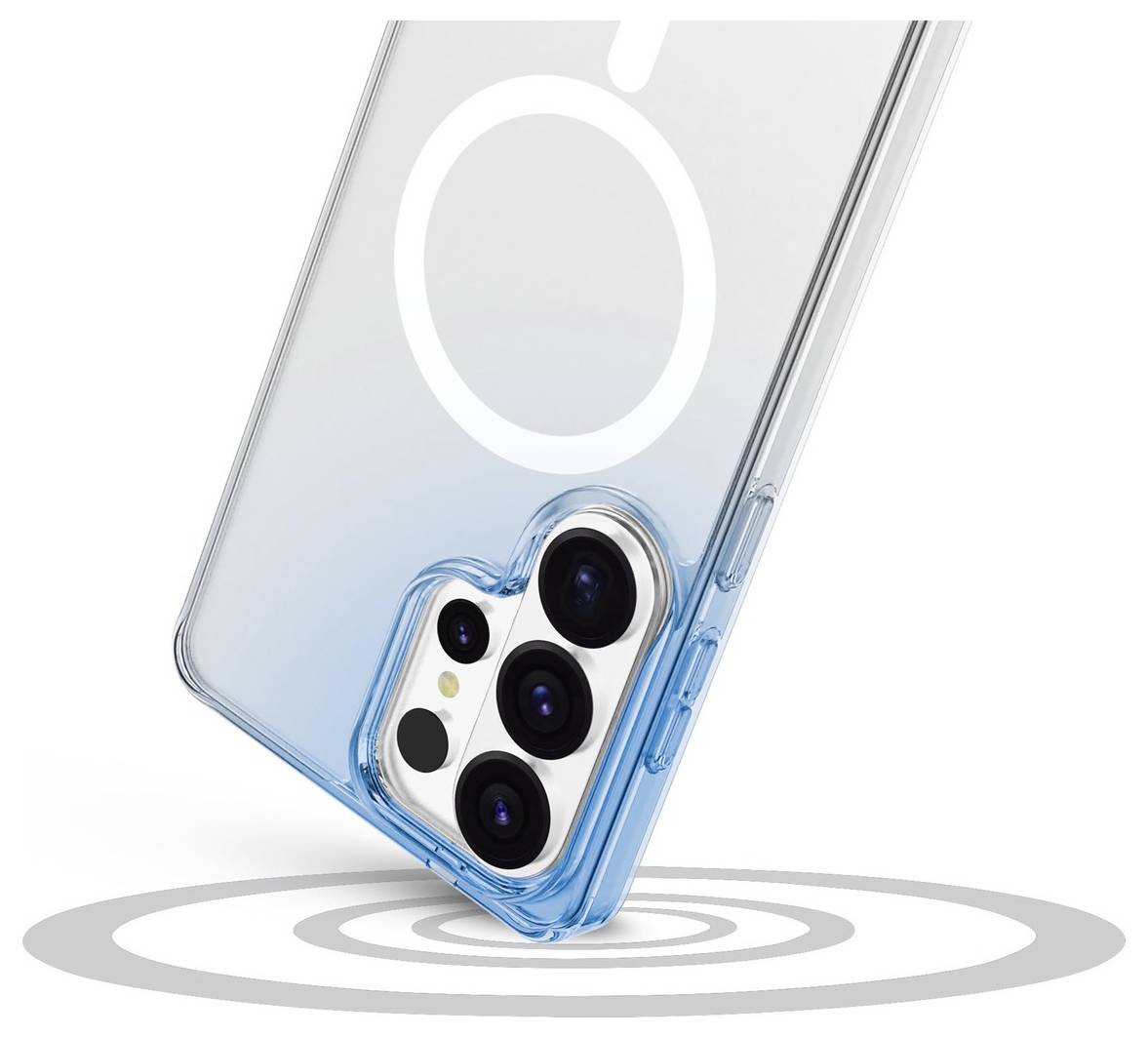 Ein Telefon mit einer transparenten blauen Hülle zeigt ein kreisförmiges Design in der Nähe des Kamerabereichs, das über einem stilisierten Zielzonen-Symbol positioniert ist.
