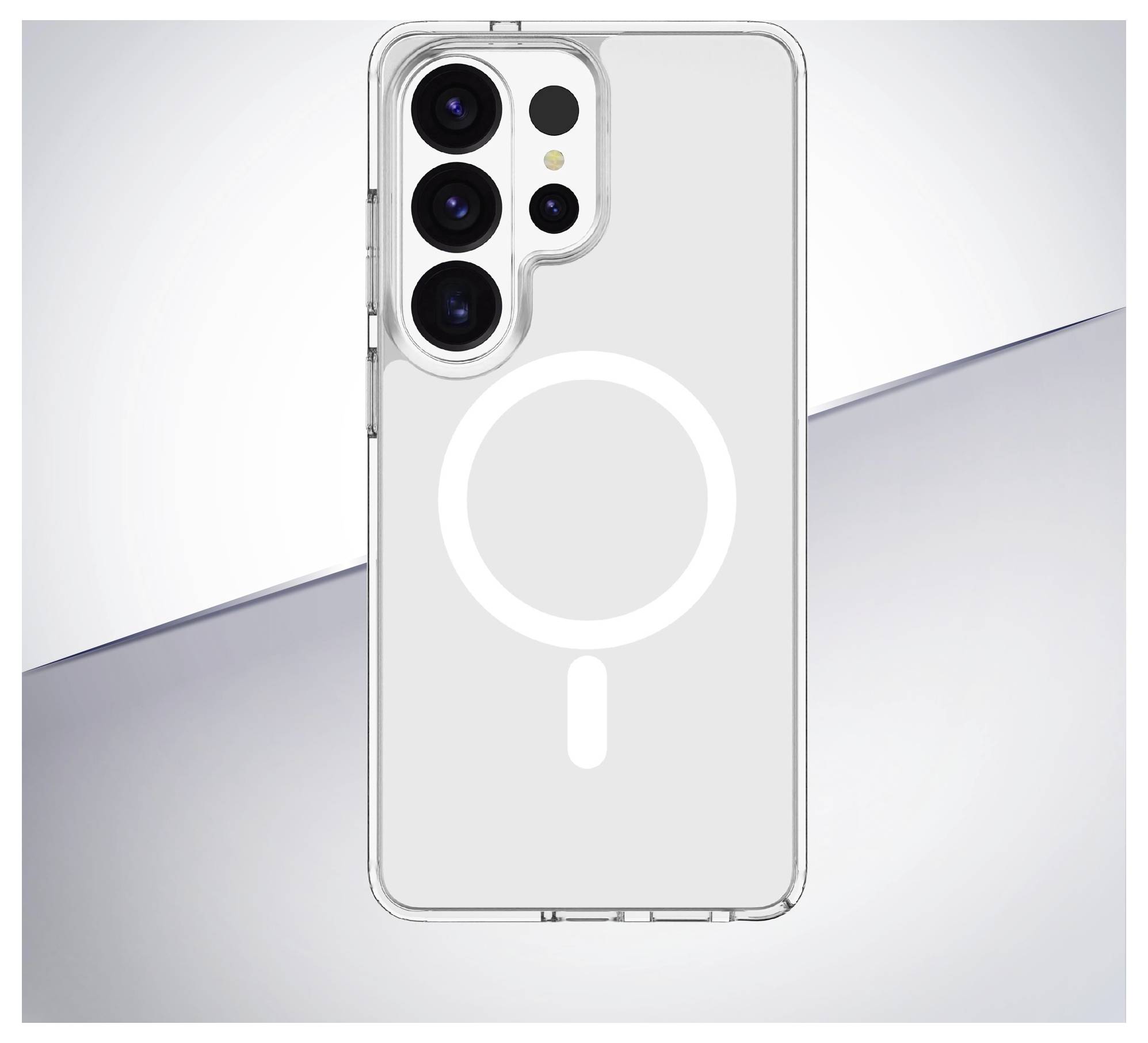 Ein Smartphone mit einer transparenten Hülle, die auf der Rückseite ein großes weißes Kreisdesign aufweist. Drei Kameraobjektive sind oben links sichtbar.