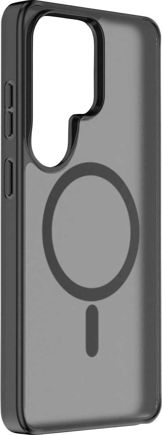 Ein schwarzes Handyhülle mit grauem Rücken, mit einem zentralen kreisförmigen Design, in einem Winkel gezeigt, um die Platzierung der Tasten an der Seite hervorzuheben.