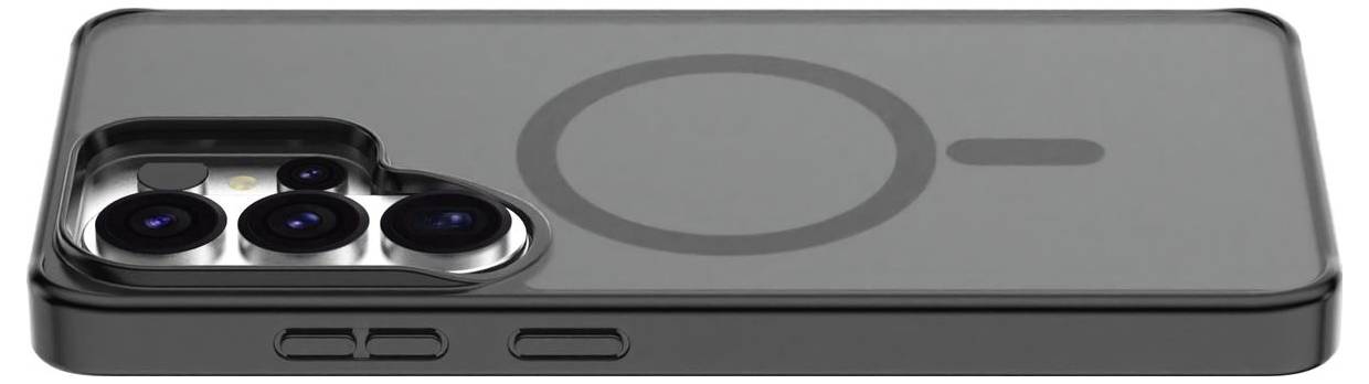 Ein schlankes schwarzes Smartphone-Etui liegt flach da und zeigt ein Schutzdesign mit präzisen Ausschnitten für Kameraobjektive und Seitentasten.