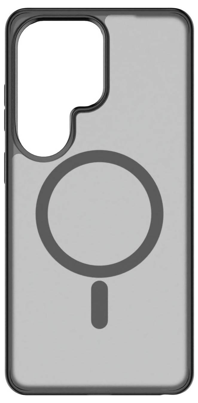 Ein transparentes Smartphone-Case mit einem großen, dunklen Ringsymbol und einer vertikalen Linie darunter, entworfen für ein spezifisches Kamera-Layout.