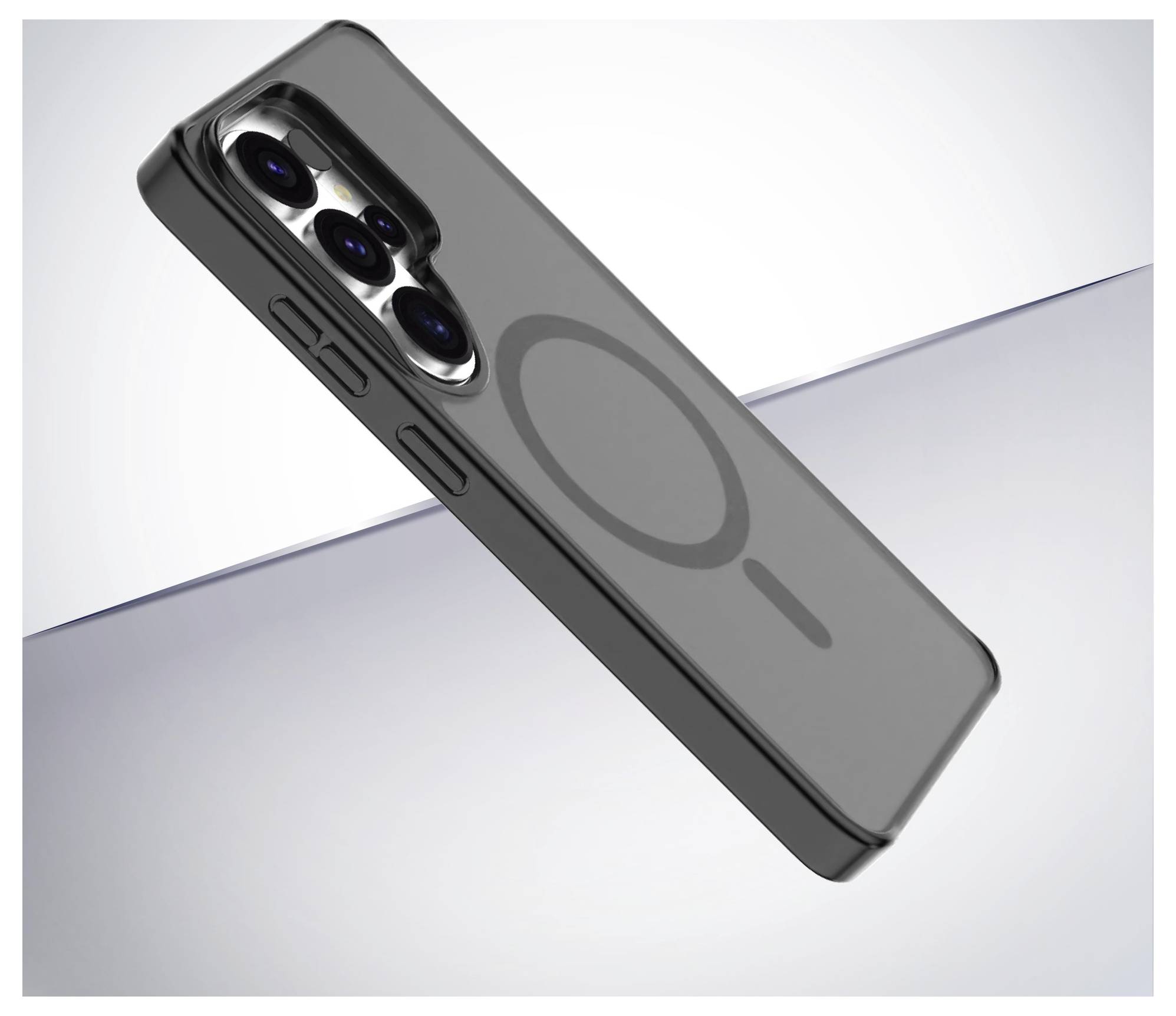 Ein elegantes schwarzes Smartphone mit einem Triple-Kamera-System auf hellgrauem Hintergrund, angewinkelt, um sein Design und seine Funktionen hervorzuheben.