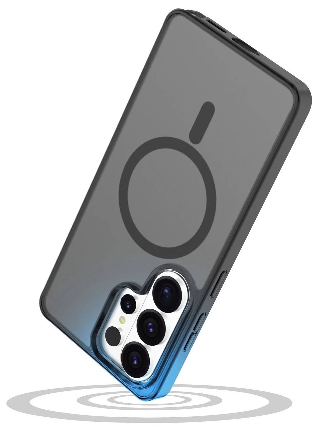 Ein elegantes Smartphone in einem durchsichtigen Gehäuse mit mehreren Kameraobjektiven und einem prominenten kreisförmigen Magnetsymbol auf der Rückseite.