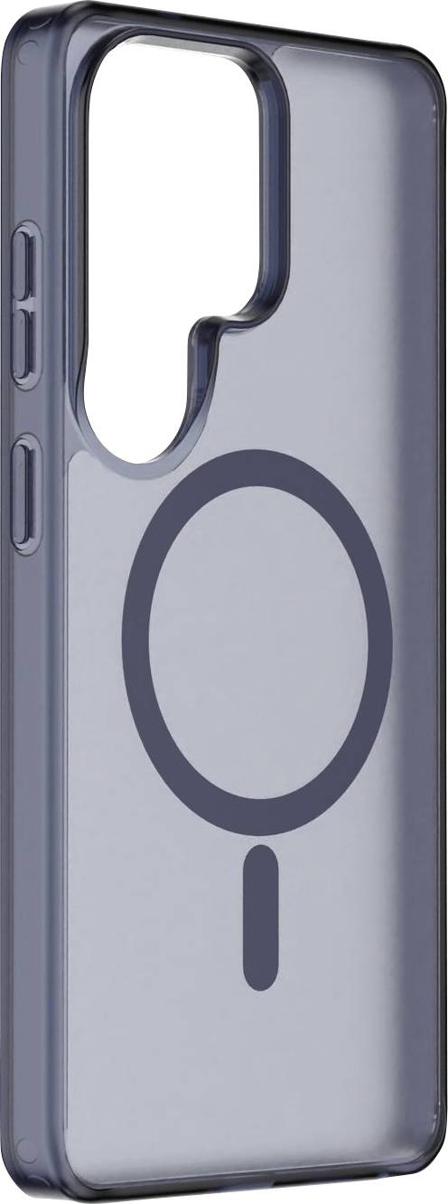 Handyhülle, dunkler Rand, transparente Rückseite, entworfen für Kamera und Tasten. Weist ein graues kreisförmiges Muster auf, das MagSafe-Kompatibilität anzeigt.