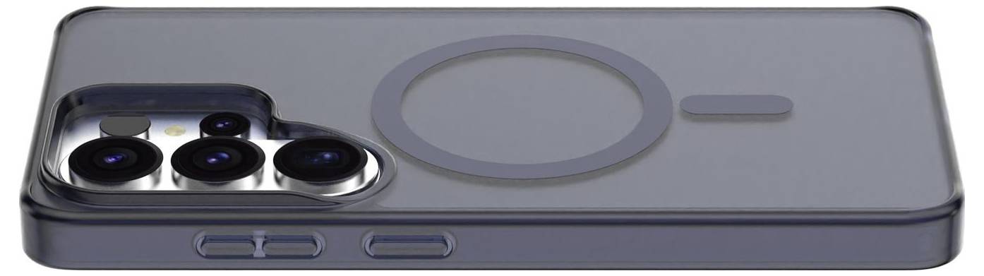 Ein transparentes Smartphone-Gehäuse mit einem großen runden Magnetring und Ausschnitten für vier rückseitige Kameras und Seitentasten.